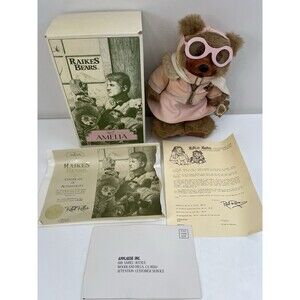 Vintage Robert Raikes Bear Pink Aviator Amelia Earhart Wooden Face Feet Tag NEW